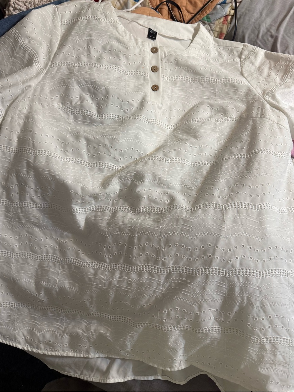Women's White Eyelet Henley Blouse - Lightweight Button Front